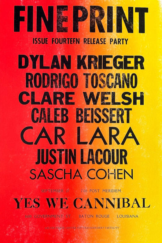 flyer for a reading at yes we cannibal, printed by [salted teeth](http://saltedteeth.com/).